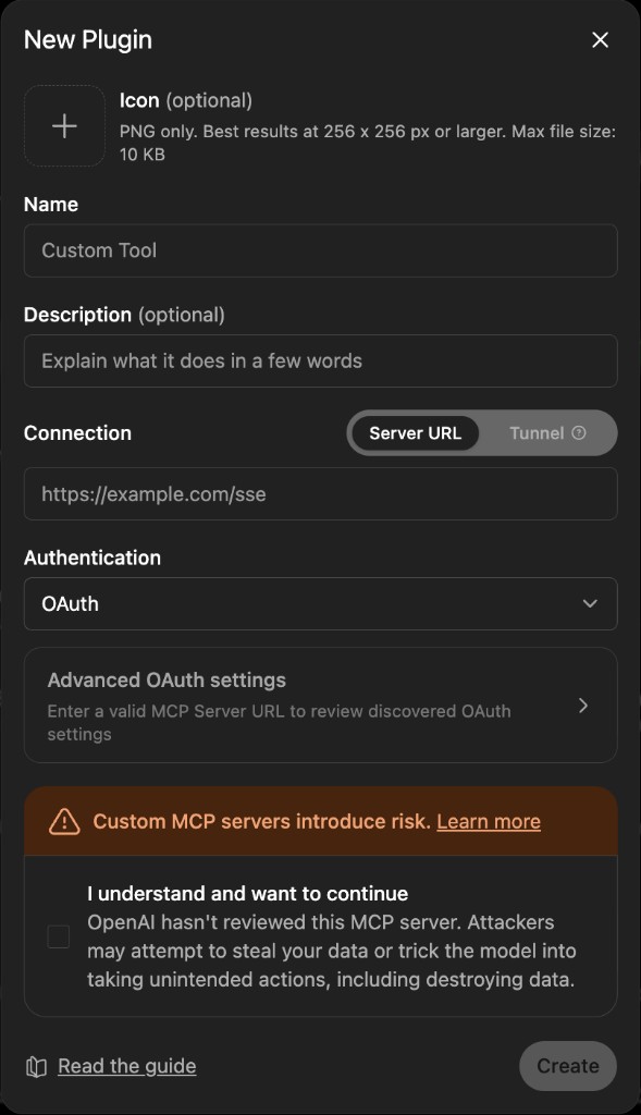 ChatGPT New Plugin dialog — paste the Server URL
