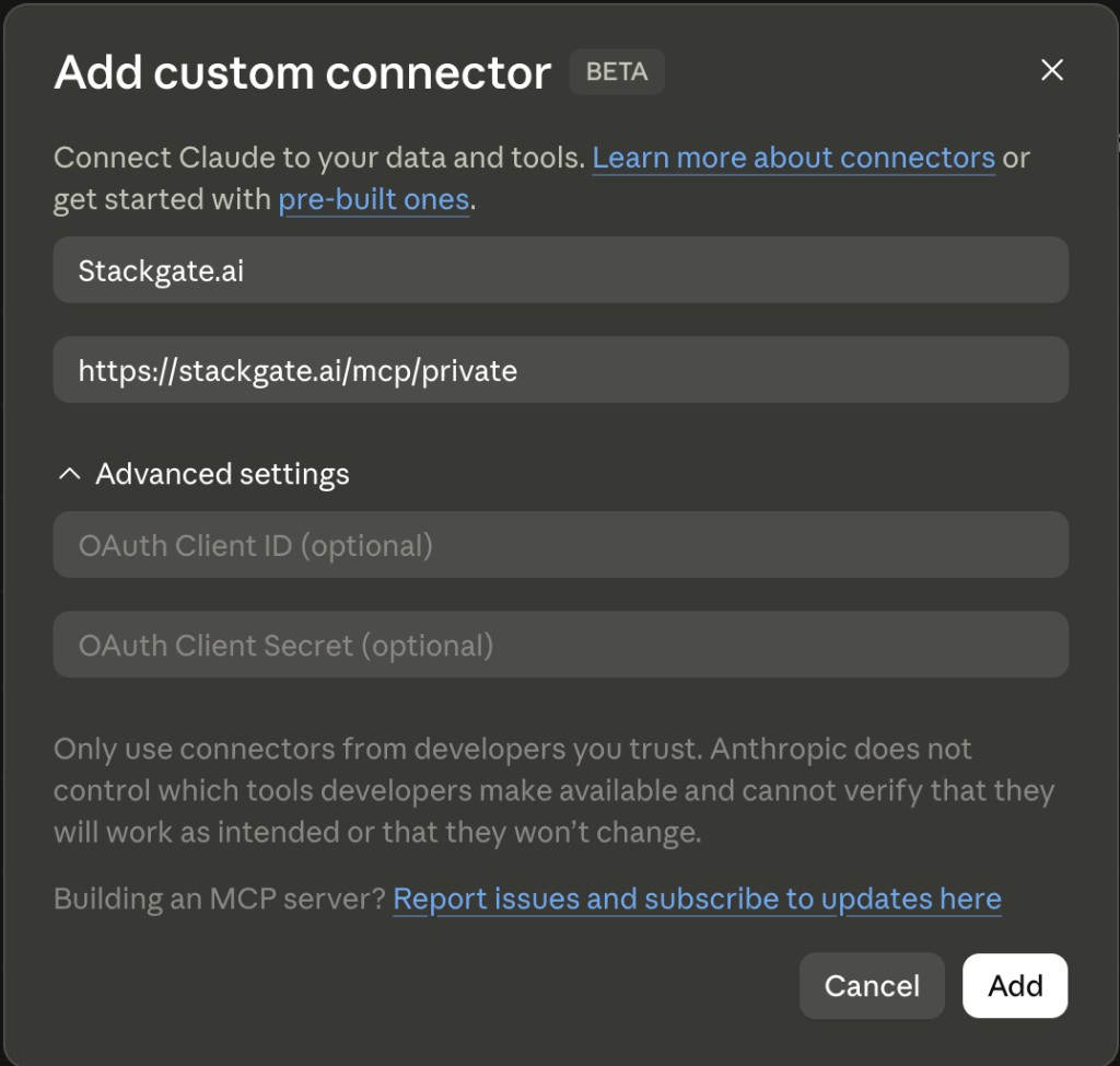 Claude Add custom connector dialog — paste the Remote MCP server URL